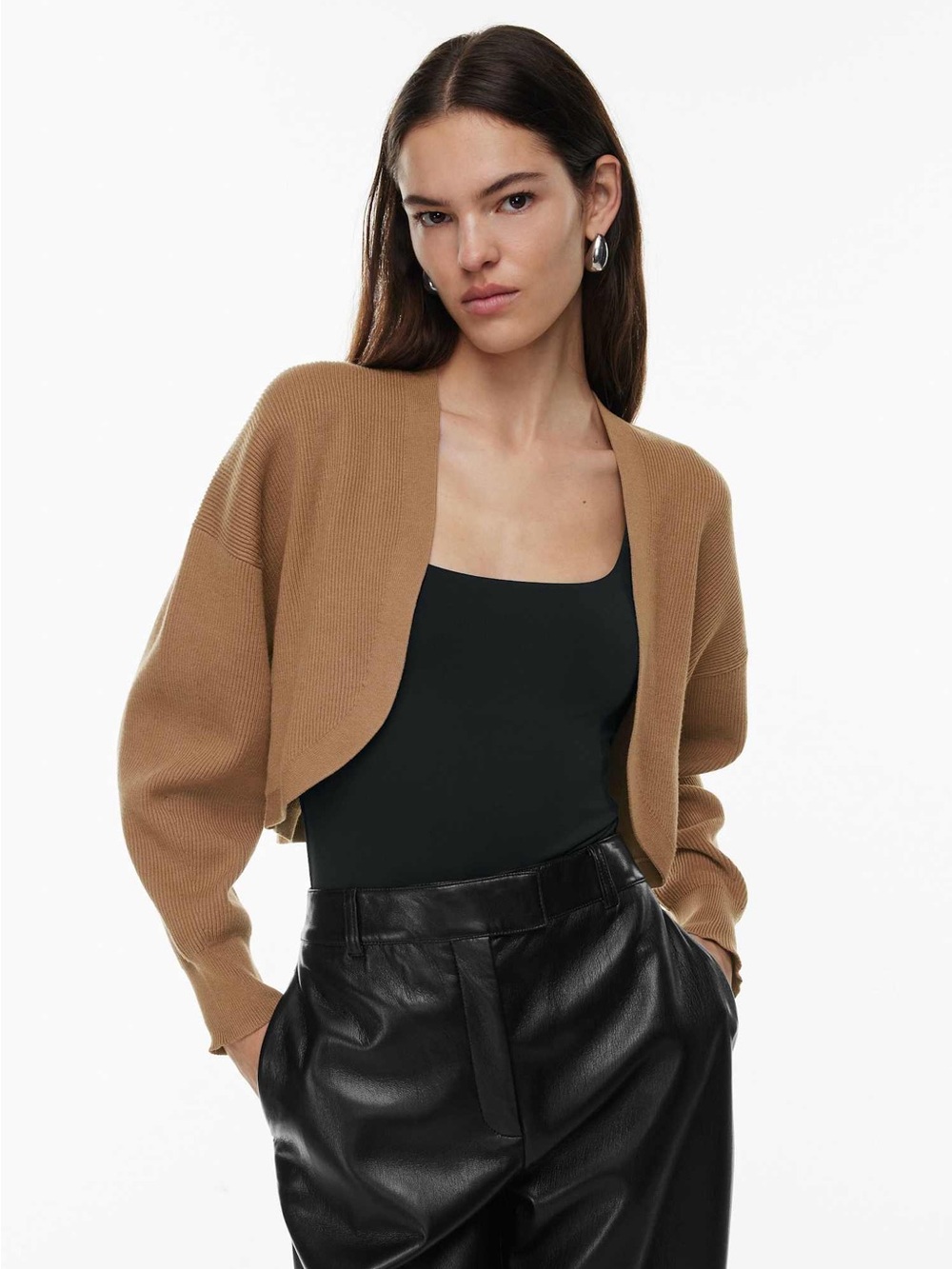 Babaton Camel Cropped Open-Front Sweater Shrug Size Large